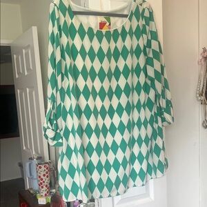 Fervour Green and Cream harlequin top/tunic/dress w button sleeves and pockets